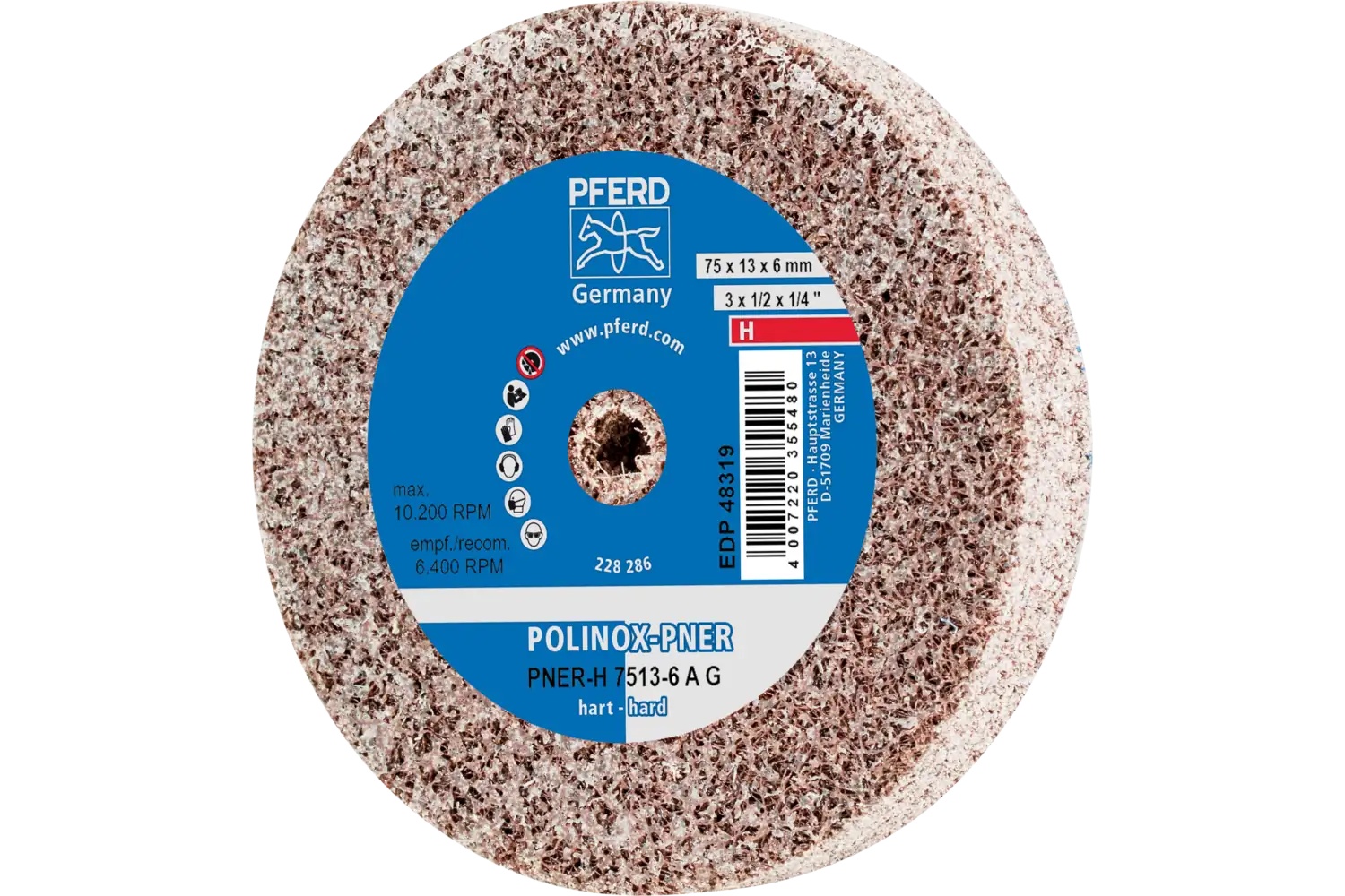 Picture of Pferd Polinox® Unitized Wheel, 3" X 1/2 X 1/4, Coarse, Hard, 8Ac, Aluminum Oxide